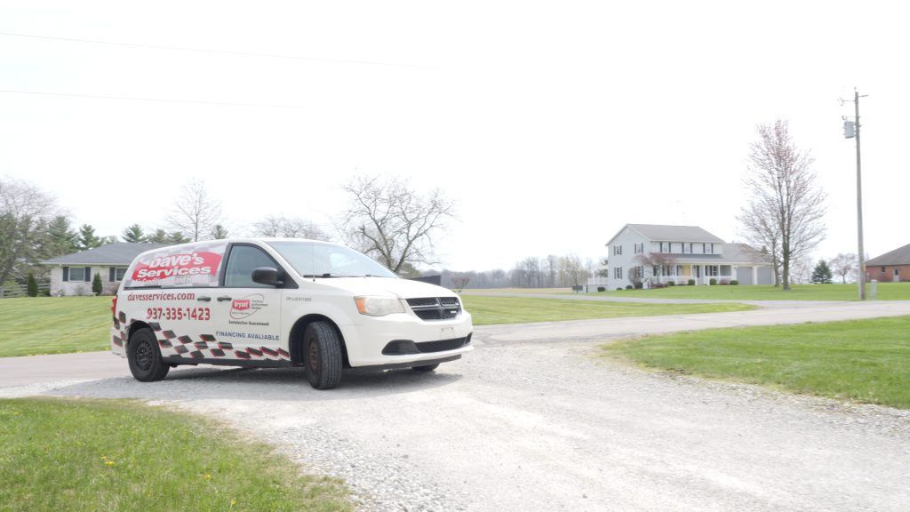 Dave’s Services branded vehicle parked in front of a residential home, representing a trusted HVAC company specializing in AC repair, furnace service, heating and cooling maintenance, and emergency HVAC repair for homes in Troy, Tipp City, Piqua, Vandalia, West Milton, and Pleasant Hill. Reach out now for help with HVAC company, local HVAC company near me, trusted HVAC company, residential HVAC services, commercial HVAC services, AC repair near me, furnace repair near me, heating and cooling service, HVAC maintenance, emergency HVAC repair, Bryant HVAC dealer, licensed HVAC technicians, air conditioning service, furnace service, HVAC installation, HVAC inspection, heat pump repair, ductless HVAC service, energy-efficient HVAC solutions, HVAC contractors near me, top-rated HVAC company, reliable heating and cooling company, HVAC service experts, local heating and cooling specialists.